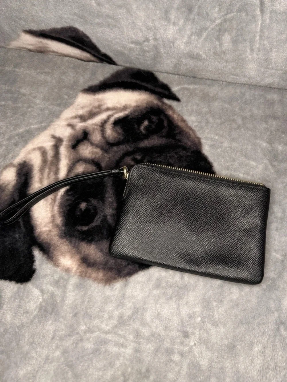 Coach Black pebbled Leather Wristlet with Gold Logo